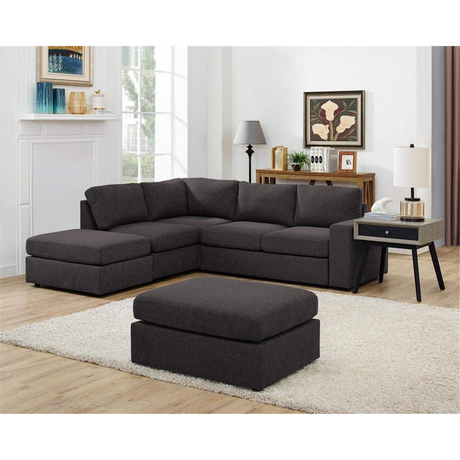 Lilola Home Marta Modular Sectional Sofa with Ottoman in Dark Gray Linen